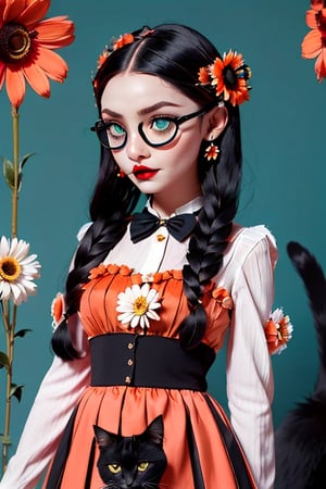 woman, flower dress, colorful, darl background, flower armor, green theme, exposure mix, medium shot, bokeh (hdr: 1.4), high contrast (cinematic, teal and orange: 0.85), ( muted colors, subdued colors, calming tones: 1.3), low saturation, white glasses holding a black cat