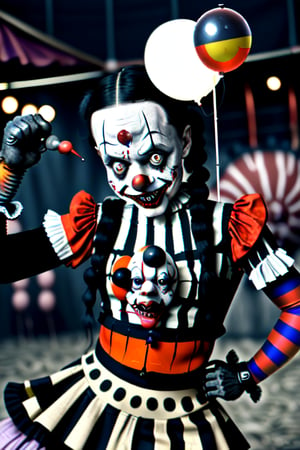 . 2 terrifying clowns with mechanical prosthetics in a strange circus. the evil and depraved clown is stabbing a girl