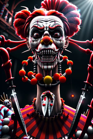 realistic natural light, hyper realistic, cinematic, cinematic light, best quality, high resolution, award winning photo 8k, 3d scary clowns with mechanical prosthetics in a freaky world circus of freaky monsters bloody knife