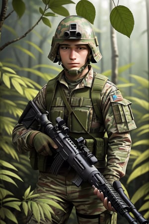 Perfect photo in daylight, ultra 8k quality, realistic colors, a camouflaged soldier in the jungle ready to shoot with a rifle, camouflage painted helmet with leaves, machine gun.hidden among the leaves