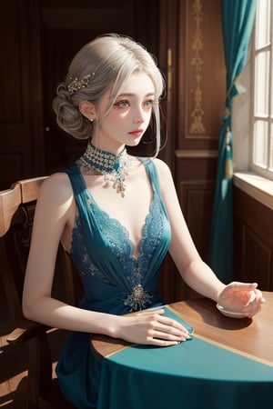 a woman sitting at a table, by Valerie Petts, tumblr, intricate fancy dress, teal tones, valentino official editorial, pale hair, perfecteyes