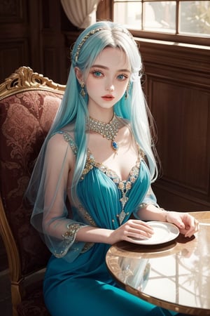 a woman sitting at a table, by Valerie Petts, tumblr, intricate fancy dress, teal tones, valentino official editorial, pale hair, perfecteyes