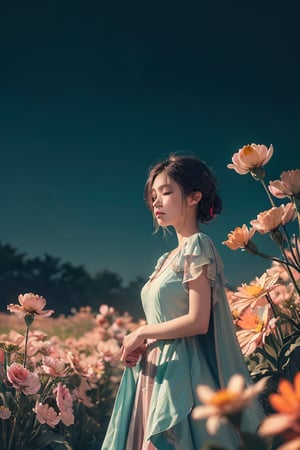 woman, flower dress, colorful, darl background,flower armor,green theme,exposure blend, medium shot, bokeh, (hdr:1.4), high contrast, (cinematic, teal and orange:0.85), (muted colors, dim colors, soothing tones:1.3), low saturation,