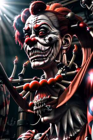 realistic natural light, hyper realistic, cinematic, cinematic light, best quality, high resolution, award winning photo 8k, 3d scary clowns with mechanical prosthetics in a freaky world circus of freaky monsters