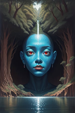 an eye in a tree near water, in the style of brian despain, dripping paint, expansive landscapes, highly detailed, surrealistic urban scenes, mars ravelo, mati klarwein 
