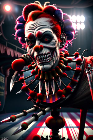 realistic natural light, hyper realistic, cinematic, cinematic light, best quality, high resolution, award winning photo 8k, 3d. 2 scary clowns with mechanical prosthetics in a freaky world circus of freaky monsters bloody knife