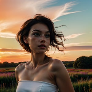 woman in a long white dress, running through an open field, long black hair, bangs, chubby, wide hips, full body, green eyes, freckles on cheeks, wind, detailed face, detailed body, red and orange sky, glow, clouds, vegetation, green plains, floating bubbles, (cinematic, colorful),perfect lighting,High detailed ,small breasts and wide hips, topless,