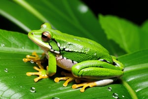 Metalizer frog on a leaf with water drops