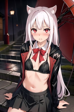 raining, rain on camera, rain streaks, black unzipped jacket over bra, short dark red skirt, black cat ears ((tiny boobs:1.1)), orgasm face, moaning, rain, wet skin,
(real-looking-skin), (cute features), (light red eyes), blushing,
((slim fit body)), (real-looking-eyes-iris),
natural cinematic lighting,
dark and rainy laying on stairs on main street in japan with black sports bra green skirt and red ribbons round neck while its raining with cherry trees blooming pink with long white hair with red ribbons in it,
((professional photo highly defined)), 
white hair, red ribbons,
realistic, best quality, photo-realistic,
8k, best quality, masterpiece, realistic, photo-realistic, perfect small boobs,