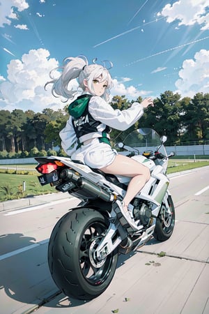 1girl, motion shot, (wind blowing back), (hair blowing in wind), (white and green racing one piece outfit), (speed streaks), (riding bike away from camera), looking back, nice round butt, racetrack, (white motorbike), (white sport bike), (white hair), cute features, braids on boths sides, flat chested, white_hair, long hair, full body, futiristic, alone, yhmotorbike,yhmotorbike,mecha