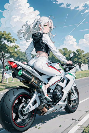 1girl, motion shot, (wind blowing back), (hair blowing in wind), (speed streaks), (riding bike away from camera), looking back, nice round butt, racetrack, (white motorbike), (white sport bike), (white hair), cute pose, braids on boths sides, flat chested, white_hair, long hair, (white and green racing one piece outfit), full body, futiristic, alone, yhmotorbike,yhmotorbike,mecha