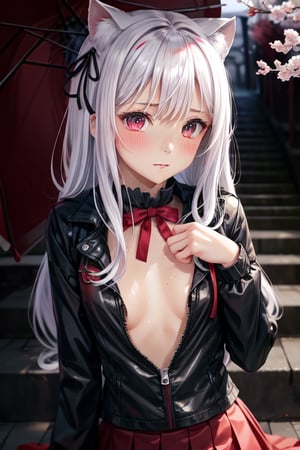 rain falling, black unzipped jacket over bra, short dark red skirt, black cat ears ((tiny boobs:1.1)), orgasm face, moaning, rain, wet skin,
(real-looking-skin), (cute features), (light red eyes), blushing,
((slim fit body)), (real-looking-eyes-iris),
natural cinematic lighting,
dark and rainy laying on stairs on main street in japan with black sports bra green skirt and red ribbons round neck while its raining with cherry trees blooming pink with long white hair with red ribbons in it,
((professional photo highly defined)), 
white hair, red ribbons,
realistic, best quality, photo-realistic,
8k, best quality, masterpiece, realistic, photo-realistic, perfect small boobs,