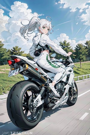 1girl, motion shot, racing pose, (wind blowing back), (hair blowing in wind), (white and green racing one piece outfit), (speed streaks), (riding bike away from camera), looking back, nice round butt, racetrack, (white motorbike), (white sport bike), (white hair), cute features, braids on boths sides, flat chested, white_hair, long hair, full body, futiristic, alone, yhmotorbike,yhmotorbike,mecha