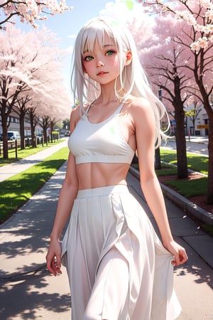 small white sports bra, cute white skirt, ((tiny boobs:1.1)),
(real-looking-skin), (cute features), (green eyes), blushing,
((slim fit body)), (real-looking-eyes-iris),
natural cinematic lighting,
walking down the main street in japan with cherry trees blooming pink and sun behind head giving good lighting wind blowing under skirt lifting it with long white hair with green ribbons in it,
((professional photo highly defined)), 
white hair, green ribbons,
realistic, best quality, photo-realistic,
8k, best quality, masterpiece, realistic, photo-realistic, nfsw, perfect small boobs, long skirt,