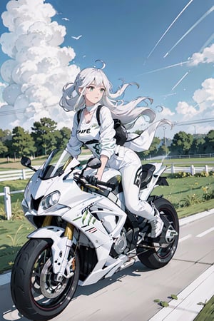 1girl, motion shot, (leaning farwards racing pose), hands on handlebars, (wind blowing back), (hair blowing in wind), (white and green racing one piece outfit), (speed streaks), (riding bike away from camera), looking back, nice round butt, racetrack, (white motorbike), (white sport bike), (white hair), cute features, braids on boths sides, flat chested, white_hair, long hair, full body, futiristic, alone, yhmotorbike,yhmotorbike,mecha