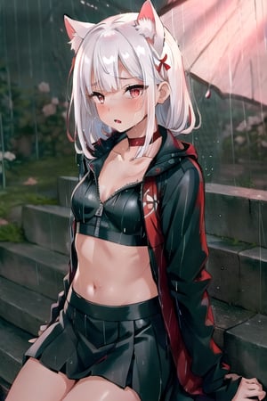 ((raining:1.8)), rain on camera, rain streaks, ((black unzipped jacket over red sports bra)),inside of jacked red, short black red skirt, white cat ears ((tiny boobs:1.1)), orgasm face, moaning, rain, wet skin,
(real-looking-skin), (cute features), (light red eyes), blushing,
((slim fit body)), (real-looking-eyes-iris),
natural cinematic lighting,
dark and rainy laying on stairs on main street in japan with black sports bra green skirt and red ribbons round neck while its raining with cherry trees blooming pink with long white hair with red ribbons in it,
((professional photo highly defined)), 
white hair, red ribbons,
realistic, best quality, photo-realistic,
8k, best quality, masterpiece, realistic, photo-realistic, perfect small boobs,