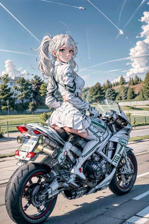 1girl, motion shot, (leaning farwards racing pose), hands on handlebars, (wind blowing back), (hair blowing in wind), (white and green racing sports bra), white skirt, (speed streaks), (riding bike away from camera), nice round butt, racetrack, (white motorbike), (white sport bike), (white hair), cute features, braids on boths sides, flat chested, white_hair, long hair, full body, futiristic, alone, yhmotorbike,yhmotorbike,mecha,latex bikesuit,