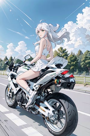 1girl, motion shot, (leaning farwards racing pose), hands on handlebars, (wind blowing back), (hair blowing in wind), (white and green racing sports bra), white skirt, (speed streaks), (riding bike away from camera), nice round butt, racetrack, (white motorbike), (white sport bike), (white hair), cute features, braids on boths sides, flat chested, white_hair, long hair, full body, futiristic, alone, yhmotorbike,yhmotorbike,mecha
