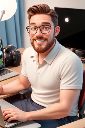 Create a playful and fun portrait of a male sports presenter sitting behind a desk. A laptop sits on the desk, with TV monitors as background showing soccer matches. Use a Canon EOS R camera with a 50mm lens at F 1.2 aperture setting to create a bright and cheerful image. Use natural and soft lighting to create a warm and inviting atmosphere. He has a short trimmed beard and wears glasses.