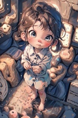 Centered, (masterpiece, best quality), (hyper realistic), 1girl, brunette hair, long pigtails, blue eyes, sad, blue oversized men's button down dress shirt, standing, face pointed down toward ground, from above,chibi, dim light 1:4, in bedroom, dynamic lighting, looking up at viewer, teary-eyed,perfecteyes