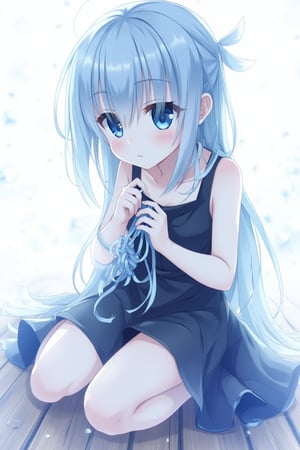 A whimsical, blue-toned anime scene: A girl sits on a rustic wooden floor, clad in a sleek black dress, her delicate fingers intertwined with a cat's cradle knot made of string. Her detailed, expressive anime hands grasp the knot tightly, as if cherishing the simple joy of creation. The medium shot captures her serene expression, set against a crisp white background that accentuates the vibrant blue hues. Delicate lines and textures define her features, inviting the viewer to step into this idyllic world.