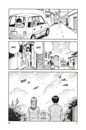 This manga page, crafted in the distinctive CNW style, is composed of four meticulously arranged panels. The topmost panel, occupying a third of the page, presents a carefully rendered sedan from an isometric rear-left angle. A black-haired boy peers out from the open back-left window, while an older woman with light-colored hair is visible in the driver's seat. Both characters have empty speech bubbles extending from them, adding to the scene's anticipation.

Below this, the page is divided into two square panels. The left panel offers an establishing shot of a residential area, featuring a narrow street flanked by detailed buildings. Foliage adorns the left side, and a parked car is visible in the distance. The ground is textured to represent pavement, and Japanese sound effects with an English "SHKK" are placed near the bottom. The right panel focuses on two figures standing in a doorway: a young boy in a white t-shirt bearing "2-1 OSABE" text, waving his right hand, and a taller woman with long black hair. Both are depicted front-facing from a slightly lower angle, with empty speech bubbles above them. A fence and metal roofing are visible in the background.

The final panel spans the full width at the bottom of the page, presenting a wide establishing shot of two figures seen from behind. They stand side-by-side in casual attire, their dark shading suggesting shadows cast towards the viewer. The background showcases a detailed sky with intricate cloud formations, distant buildings, and foliage. Multiple sound effects, including "VRRRMM" and four instances of "SHKK," are strategically placed in the sky, accompanied by Japanese characters. This comprehensive layout, with its varied perspectives and detailed environmental elements, exemplifies the nuanced storytelling typical of manga artistry.