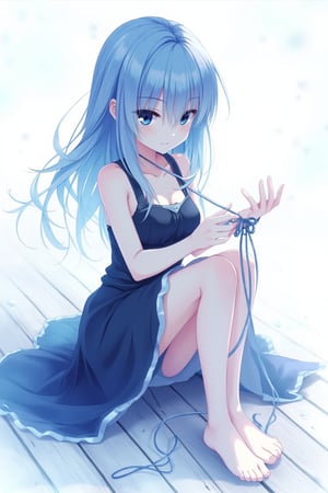 A whimsical, blue-toned anime scene: A girl sits on a rustic wooden floor, clad in a sleek black dress, her delicate fingers intertwined with a cat's cradle knot made of string. Her detailed, expressive anime hands grasp the knot tightly, as if cherishing the simple joy of creation. The medium shot captures her serene expression, set against a crisp white background that accentuates the vibrant blue hues. Delicate lines and textures define her features, inviting the viewer to step into this idyllic world.