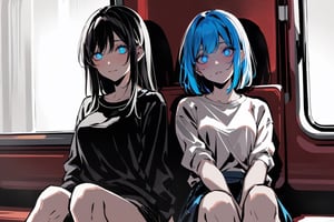 masterpiece, in the style of a digital manga in colour, high contrast, colour, detailed background and two girls,
centered medium shot:0.7, medium shot view of towgirls sitting next to eachother on the train, two girls wearing casual wear, 1girl with long hair, 1girl with short hair, (((colour)))