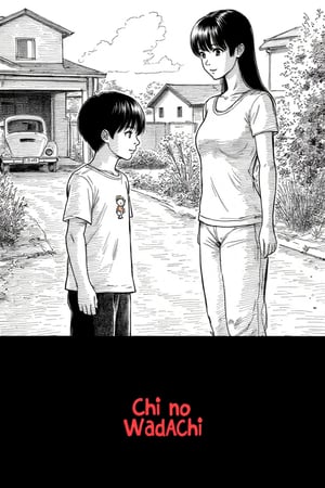 The first panel depicts only two people. It's a medium shot from behind of a young 10-year-old boy with black hair, wearing a faded white t-shirt with a small cartoon character logo on the chest and black shorts, in three-quarters focus from looking down, their shoulders hunched over and their back facing the viewer. Further slightly away from the viewer, but closely standing to the right, the young 10-year-old boy, is a curious 30-year-old woman wearing a white shirt with horizontal creases on the front and pants, and has long black hair, who cutely looks down to the young 10-year-old boy, a smile playing on her face, the 30-year-old woman's two black eyes staring at the 10-year-old boy, not the viewer. The background of the first panel depicts a house with a driveway covered in gravel, a small overgrown garden with wildflowers, and a small VW Beetle parked in the background. The second panel below is black with the words written in a red "Chi no Wadachi"