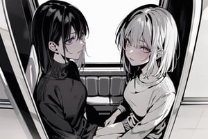masterpiece, in the style of a digital manga in colour, high contrast, colour, detailed background and two girls,
centered medium shot:0.7, medium shot full body, from above,
2girls, sitting next to eachother, against wall, sitting on bus, buss interior background, 1girl wearing black sweater and short hair, 1girl wearing white sweater and long hair, inside subway train
