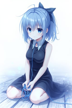 A whimsical, blue-toned anime scene: A girl sits on a rustic wooden floor, clad in a sleek black dress, her delicate fingers intertwined with a cat's cradle knot made of string. Her detailed, expressive anime hands grasp the knot tightly, as if cherishing the simple joy of creation. The medium shot captures her serene expression, set against a crisp white background that accentuates the vibrant blue hues. Delicate lines and textures define her features, inviting the viewer to step into this idyllic world.