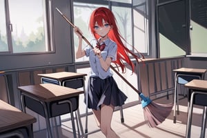 inside a classroom, girl vaccuming, standing, barefoot, red hair, pretty, blue eyes, sweeping:1, buslting NPSs, in background, classmates
