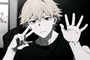 (Denji making peace sign in ASL), ((grayscale)),dja,csm anime style,1boy, black_background, blond_hair, (Denji), cinematic angle, blurry_background, attractive male hands