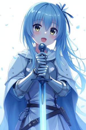 A whimsical, blue-toned anime scene: A girl stands in clad in steel plate armour, cluthcing her sword with both hands, her delicate fingers intertwined around the handle. Her detailed, expressive anime hands grasp the sword handle tighty, as if she will die without it. The medium shot captures her fearfl expression, set against a crisp white background that accentuates the vibrant blue hues. Delicate lines and textures define her features, inviting the viewer to step into this idyllic world.