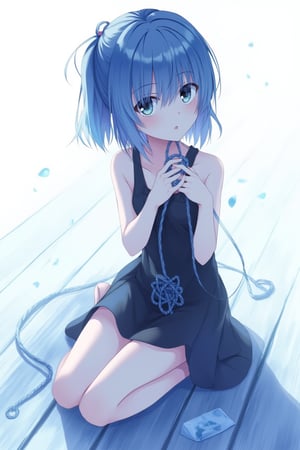 A whimsical, blue-toned anime scene: A girl sits on a rustic wooden floor, clad in a sleek black dress, her delicate fingers intertwined with a cat's cradle knot made of string. Her detailed, expressive anime hands grasp the knot tightly, as if cherishing the simple joy of creation. The medium shot captures her serene expression, set against a crisp white background that accentuates the vibrant blue hues. Delicate lines and textures define her features, inviting the viewer to step into this idyllic world.