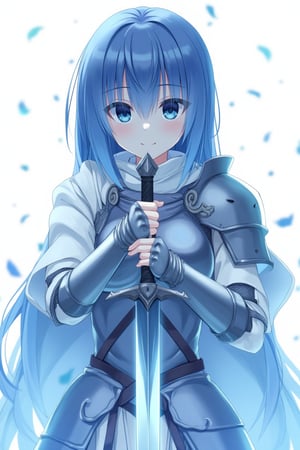 A whimsical, blue-toned anime scene: A girl stands in clad in steel plate armour, cluthcing her sword with both hands, her delicate fingers intertwined around the handle. Her detailed, expressive anime hands grasp the sword handle tighty, as if she will die without it. The medium shot captures her fearfl expression, set against a crisp white background that accentuates the vibrant blue hues. Delicate lines and textures define her features, inviting the viewer to step into this idyllic world.