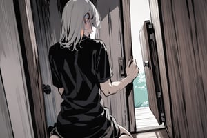 masterpiece, in the style of a digital manga in colour, high contrast, colour, back, side angle, trying to peer through wooden door, outside door, kneeling, character is outside of a door trying to look in