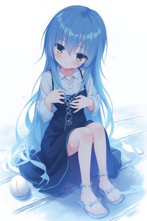 A whimsical, blue-toned anime scene: A girl sits on a rustic wooden floor, clad in a sleek black dress, her delicate fingers intertwined with a cat's cradle knot made of string. Her detailed, expressive anime hands grasp the knot tightly, as if cherishing the simple joy of creation. The medium shot captures her serene expression, set against a crisp white background that accentuates the vibrant blue hues. Delicate lines and textures define her features, inviting the viewer to step into this idyllic world.