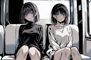 masterpiece, in the style of a digital manga in colour, high contrast, colour, detailed background and two girls,
centered medium shot:0.7, medium shot full body,
2girls, sitting next to eachother, against wall, sitting on bus, buss interior background, 1girl wearing black sweater and short hair, 1girl wearing white sweater and long hair, inside subway train
