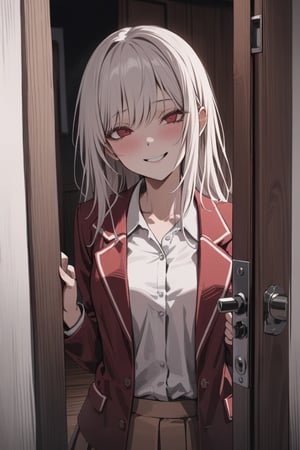 (masterpiece)), best quality, manga stlyle, wooden door frame, white wall, a girl peaks behind a detailed polished wooden one panel door, white wall, creepy smile, school uniform, wooden floor, hold the door slightly open, half body in view:1, darkness behind character