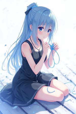 A whimsical, blue-toned anime scene: A girl sits on a rustic wooden floor, clad in a sleek black dress, her delicate fingers intertwined with a cat's cradle knot made of string. Her detailed, expressive anime hands grasp the knot tightly, as if cherishing the simple joy of creation. The medium shot captures her serene expression, set against a crisp white background that accentuates the vibrant blue hues. Delicate lines and textures define her features, inviting the viewer to step into this idyllic world.