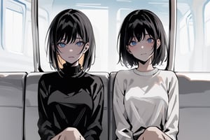 masterpiece, in the style of a digital manga in colour, high contrast, colour,
centered medium shot:0.7, zoomed out,
2girls, sitting next to eachother, sitting on bus, buss interior background, 1girl wearing black sweater, 1girl wearing white sweater