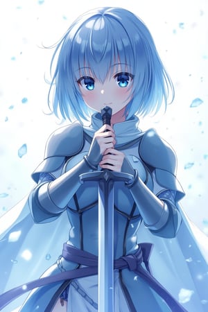 A whimsical, blue-toned anime scene: A girl stands in clad in steel plate armour, cluthcing her sword with both hands, her delicate fingers intertwined around the handle. Her detailed, expressive anime hands grasp the sword handle tighty, as if she will die without it. The medium shot captures her fearfl expression, set against a crisp white background that accentuates the vibrant blue hues. Delicate lines and textures define her features, inviting the viewer to step into this idyllic world.