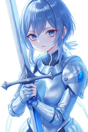 A whimsical, blue-toned anime scene: A girl stands in clad in steel plate armour, cluthcing her sword with both hands, her delicate fingers intertwined around the handle. Her detailed, expressive anime hands grasp the sword handle tighty, as if she will die without it. The medium shot captures her fearfl expression, set against a crisp white background that accentuates the vibrant blue hues. Delicate lines and textures define her features, inviting the viewer to step into this idyllic world.