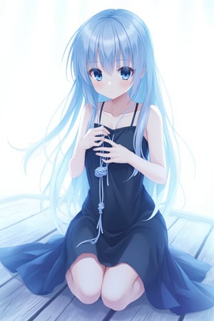 A whimsical, blue-toned anime scene: A girl sits on a rustic wooden floor, clad in a sleek black dress, her delicate fingers intertwined with a cat's cradle knot made of string. Her detailed, expressive anime hands grasp the knot tightly, as if cherishing the simple joy of creation. The medium shot captures her serene expression, set against a crisp white background that accentuates the vibrant blue hues. Delicate lines and textures define her features, inviting the viewer to step into this idyllic world.