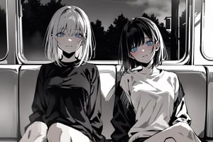 masterpiece, in the style of a digital manga in colour, high contrast, colour, detailed background and two girls,
centered medium shot:0.7, medium shot view of towgirls sitting next to eachother on the train, two girls wearing casual wear, 1girl with long hair, 1girl with short hair