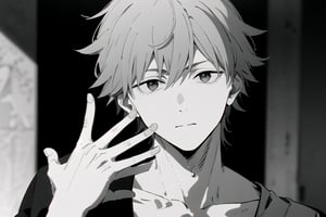 (Denji making peace sign in ASL), ((grayscale)),dja,csm anime style,1boy, black_background, blond_hair, ((Denji)), cinematic angle, blurry_background, {{attractive male hands}},