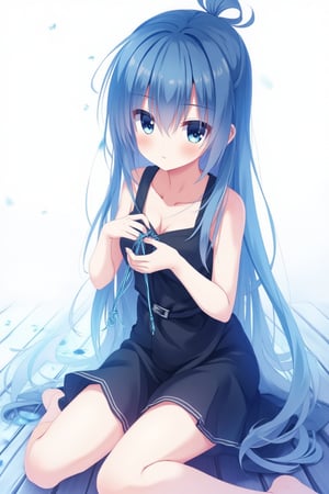 A whimsical, blue-toned anime scene: A girl sits on a rustic wooden floor, clad in a sleek black dress, her delicate fingers intertwined with a cat's cradle knot made of string. Her detailed, expressive anime hands grasp the knot tightly, as if cherishing the simple joy of creation. The medium shot captures her serene expression, set against a crisp white background that accentuates the vibrant blue hues. Delicate lines and textures define her features, inviting the viewer to step into this idyllic world.