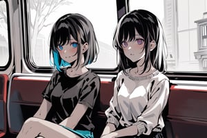 masterpiece, in the style of a digital manga in colour, high contrast, colour, detailed background and two girls,
centered medium shot:0.7, medium shot view of towgirls sitting next to eachother on the train, two girls wearing casual wear, 1girl with long hair, 1girl with short hair, (in colour, colourized)