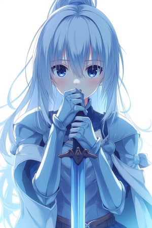 A whimsical, blue-toned anime scene: A girl stands in clad in steel plate armour, cluthcing her sword with both hands, her delicate fingers intertwined around the handle. Her detailed, expressive anime hands grasp the sword handle tighty, as if she will die without it. The medium shot captures her fearfl expression, set against a crisp white background that accentuates the vibrant blue hues. Delicate lines and textures define her features, inviting the viewer to step into this idyllic world.